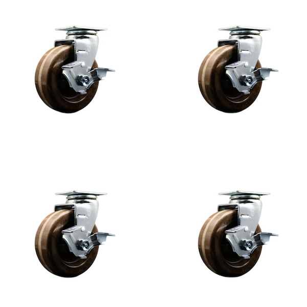 4'' High Temp Phenolic Swivel Caster Set with Bronze Bearings and Brakes, 4PK